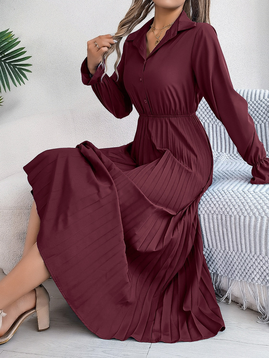 Maroon Pleated Half Button Long Sleeve Midi Dress – Effortlessly Elegant ✨