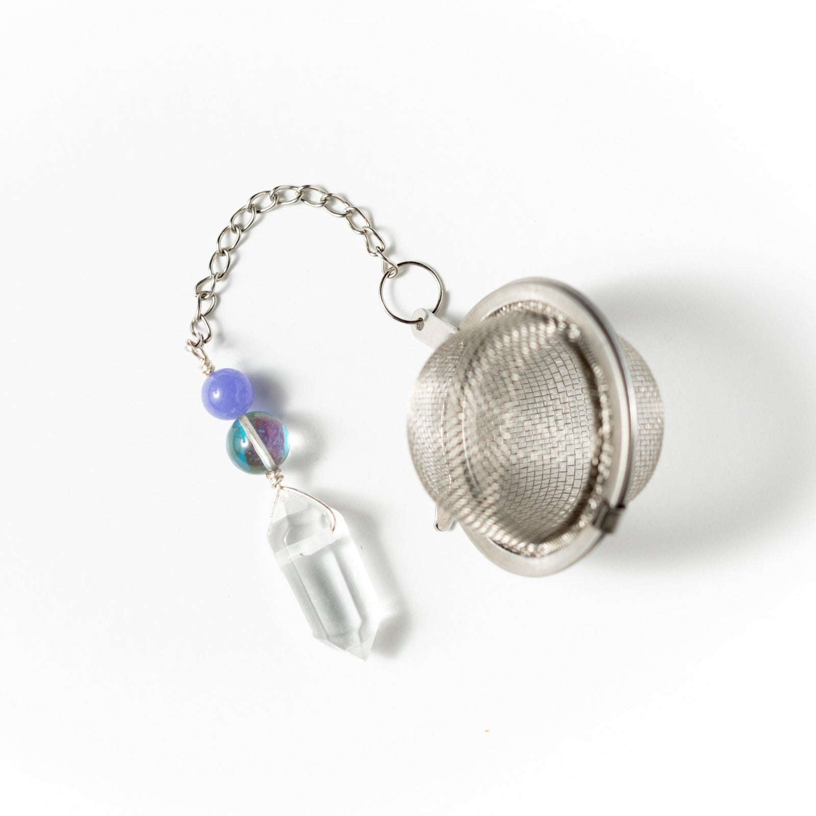 Crystal Energy Charmed Tea Infuser – Clear Quartz Point with Rainbow Spectrolite Bead by Kinley Jewelry