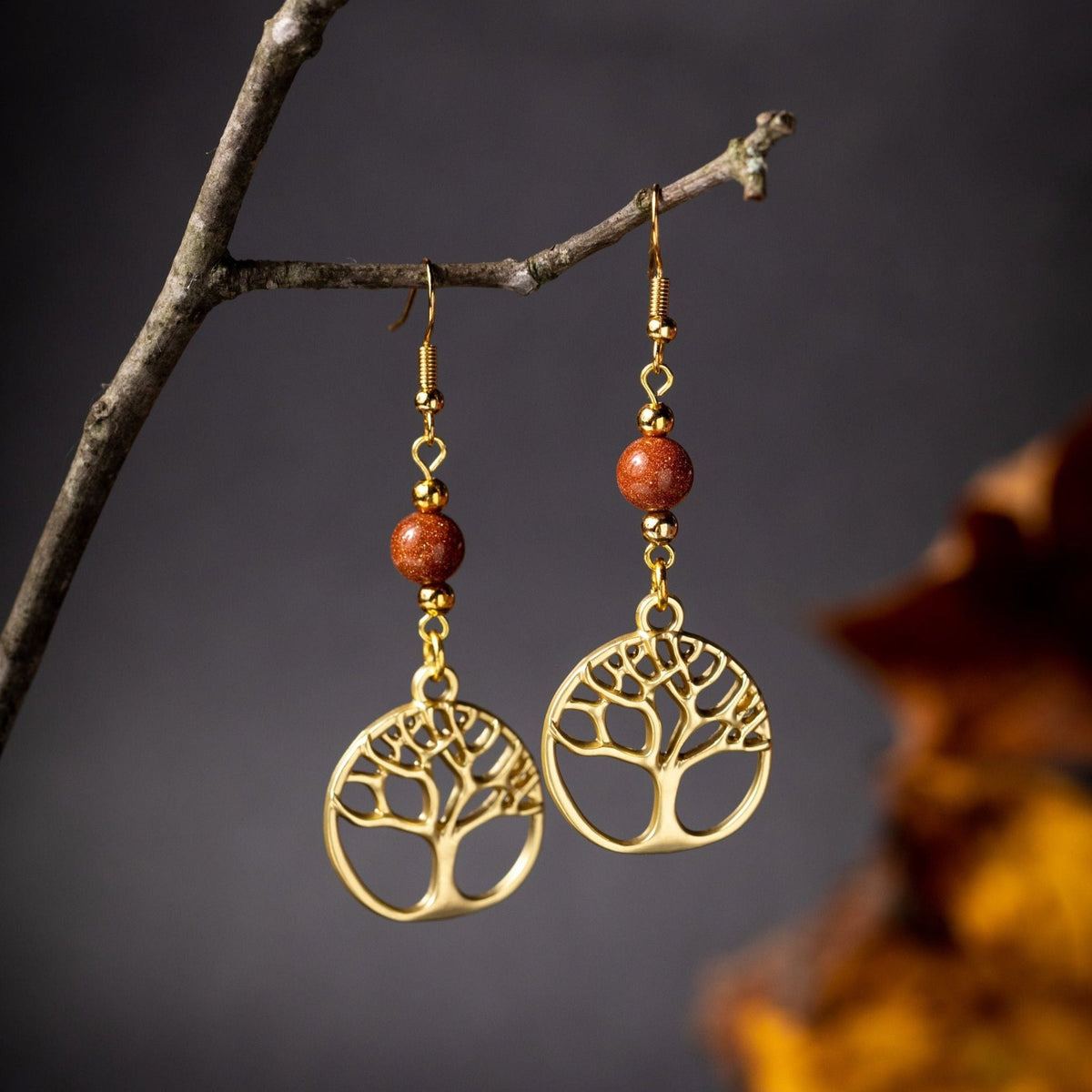 Golden Tree of Life Earrings with Sparkly Goldstone