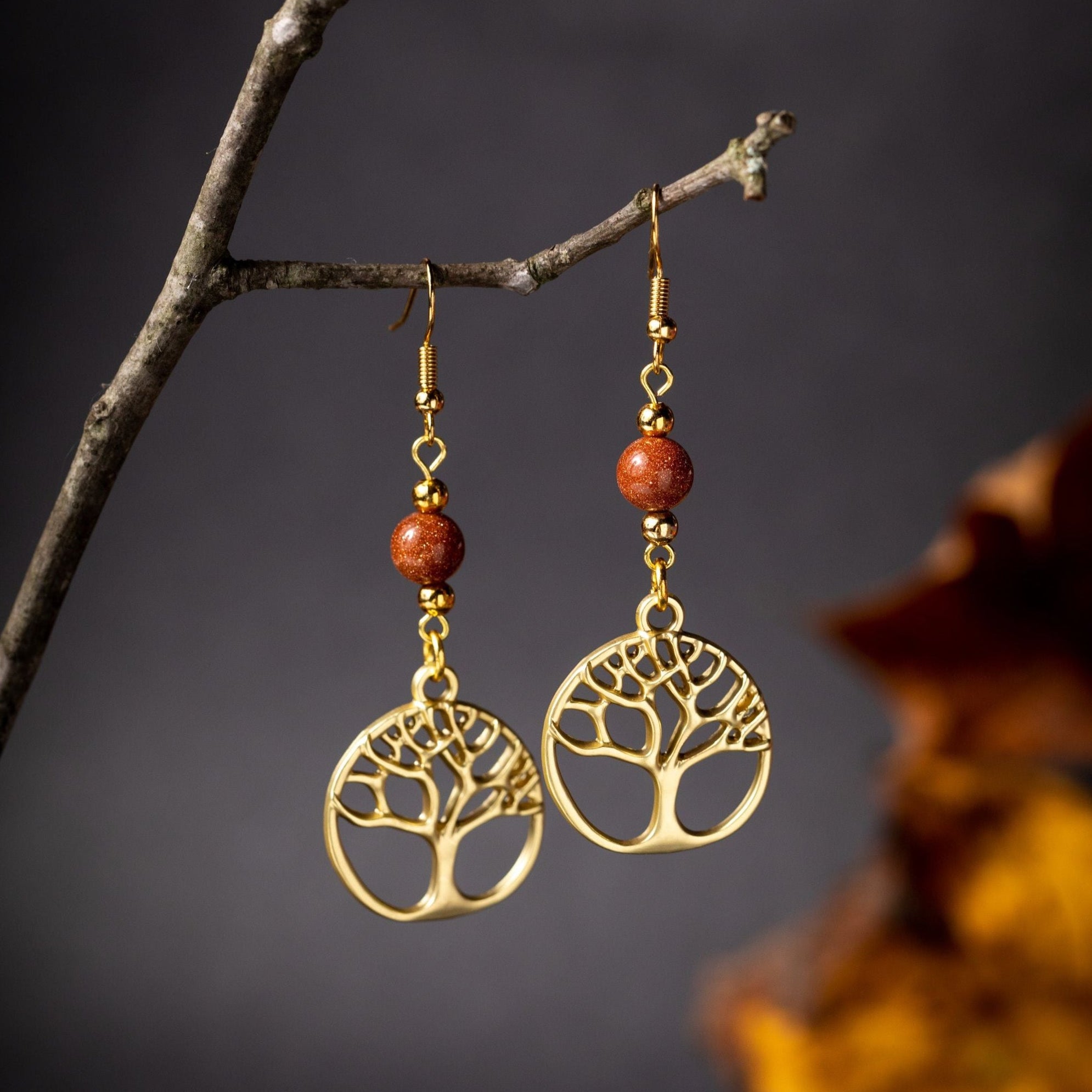 Golden Tree of Life Earrings with Sparkly Goldstone