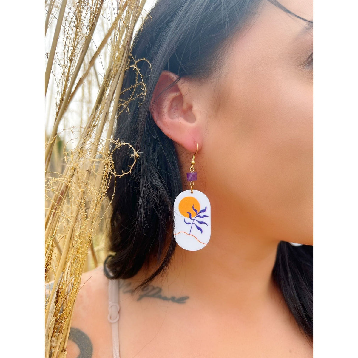 Orange Sun Ovals with Amethyst Earrings – Sun-Inspired Statement Jewelry by Kinley Jewelry