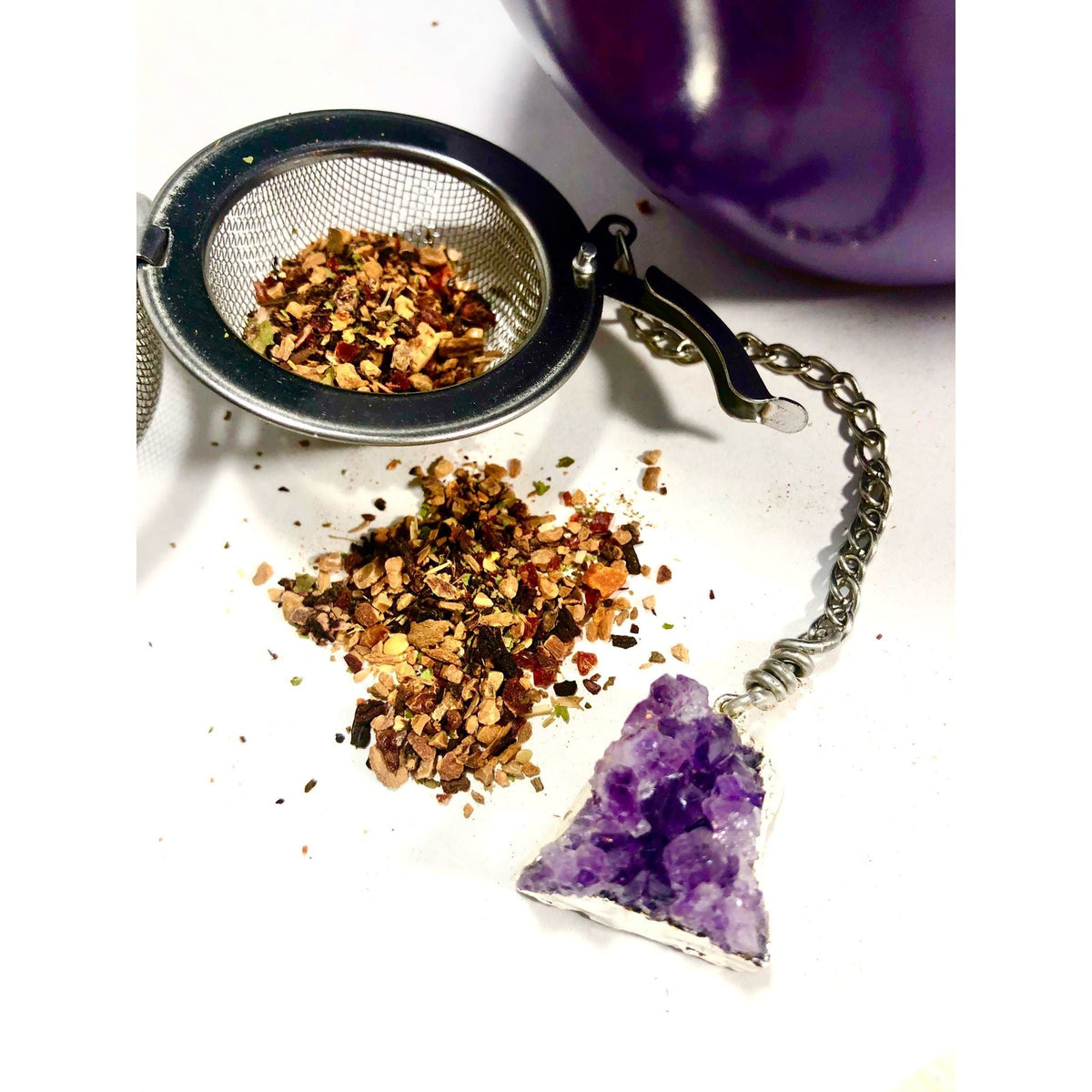 Handmade Amethyst Crystals Charmed Tea Infuser by Kinley Jewelry