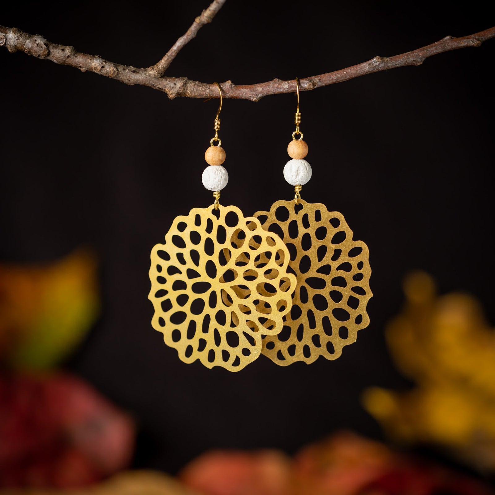 Organic Lotus Pod Earrings with White Lava and Wood Beads