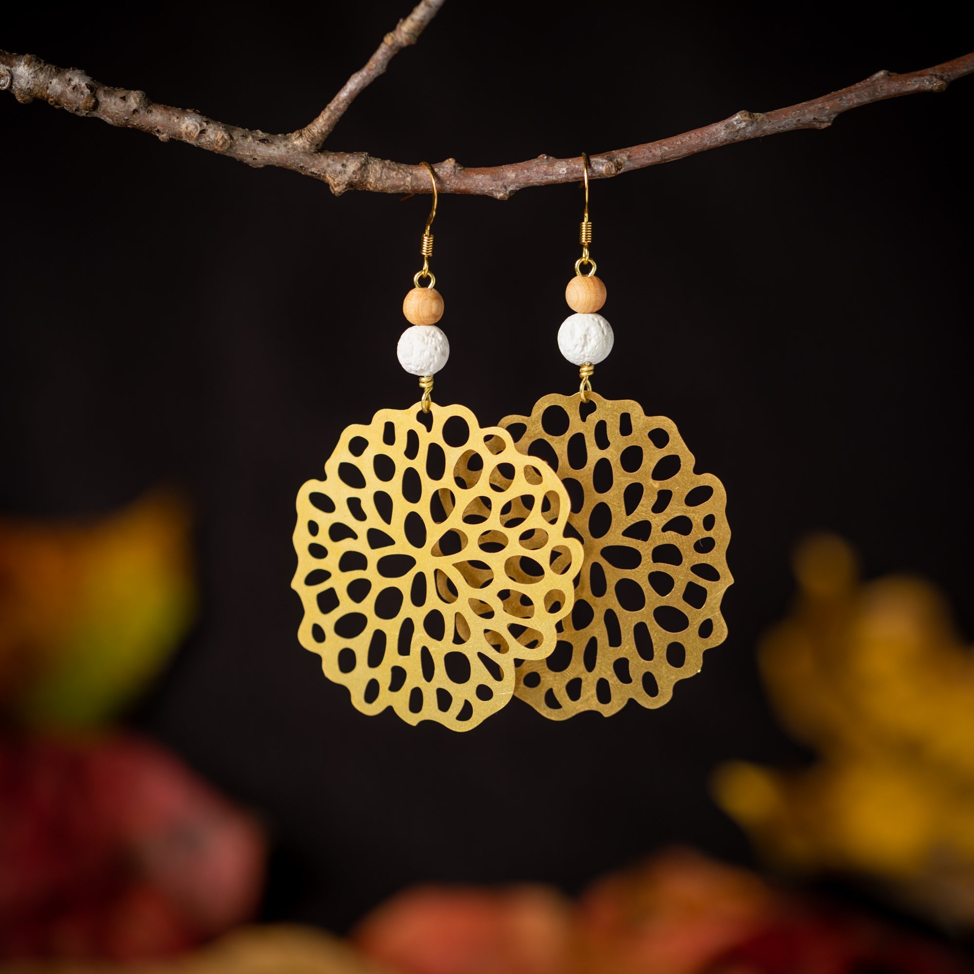 Organic Lotus Pod Earrings with White Lava and Wood Beads