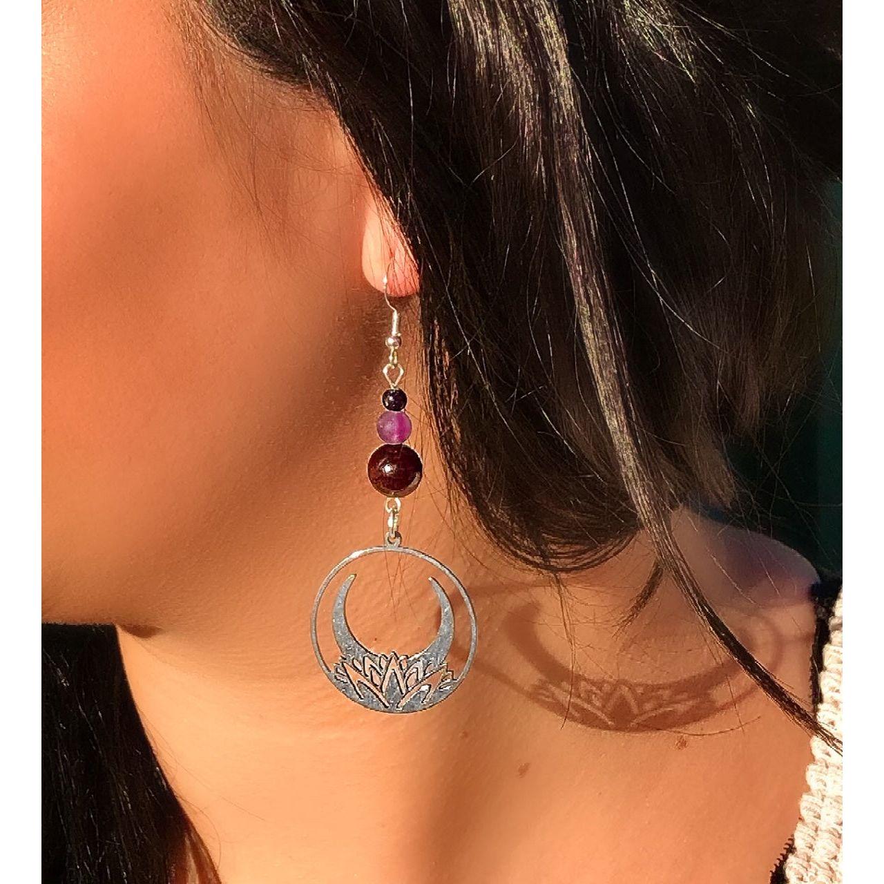 Crescent Moon Lotus Earrings with Garnet & Amethyst – Celestial-Inspired Jewelry by Kinley Jewelry