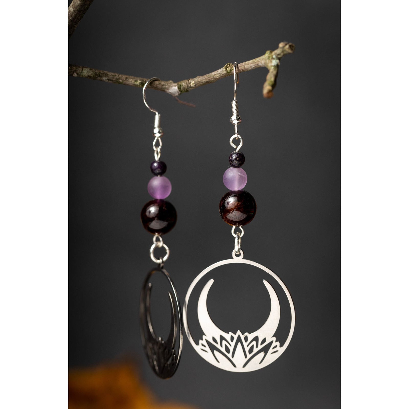 Crescent Moon Lotus Earrings with Garnet & Amethyst – Celestial-Inspired Jewelry by Kinley Jewelry