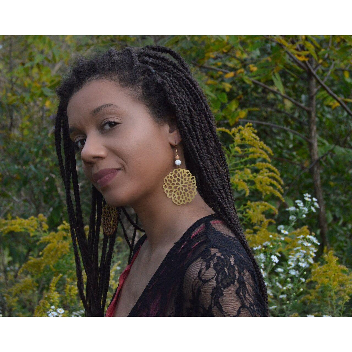 Organic Lotus Pod Earrings with White Lava and Wood Beads