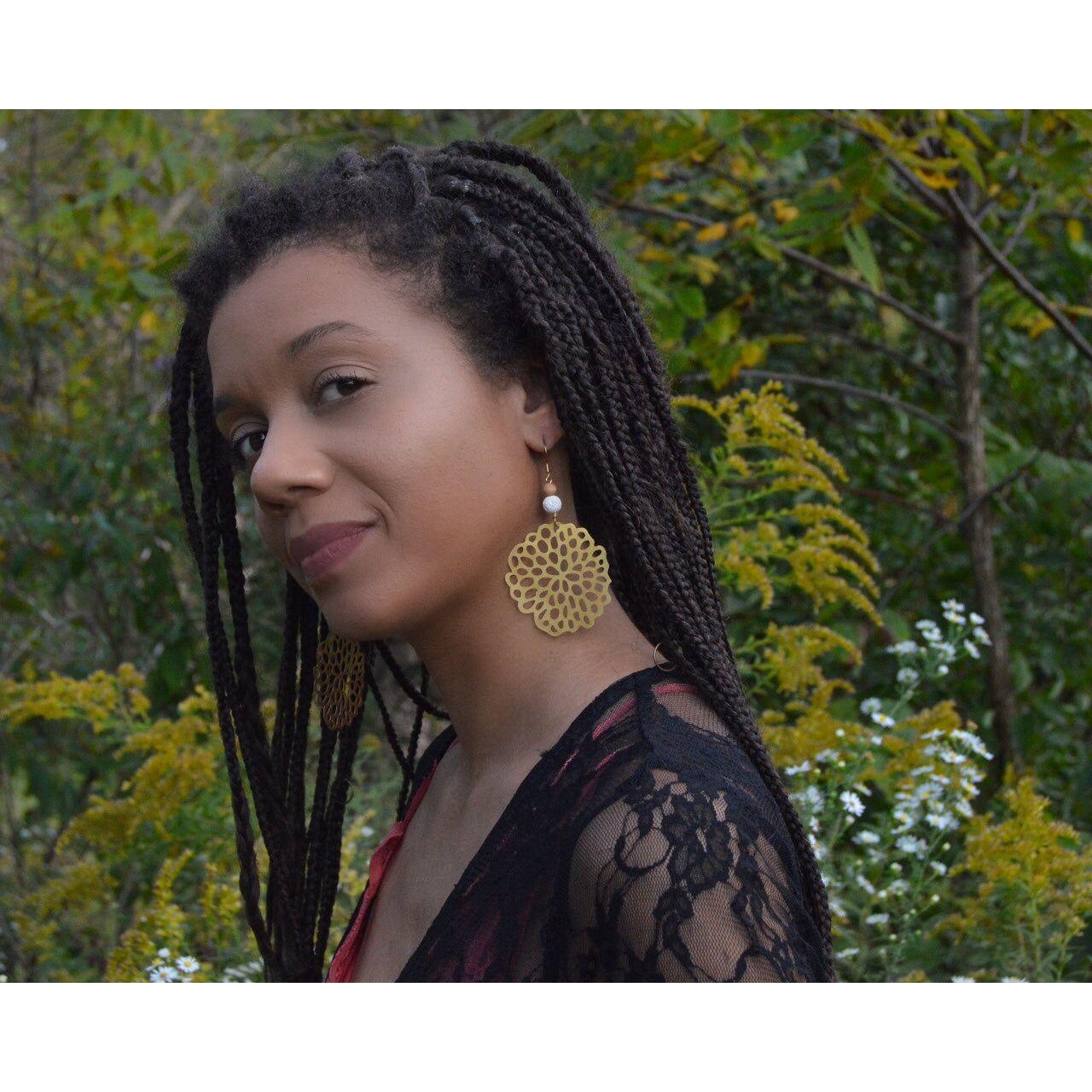 Organic Lotus Pod Earrings with White Lava and Wood Beads