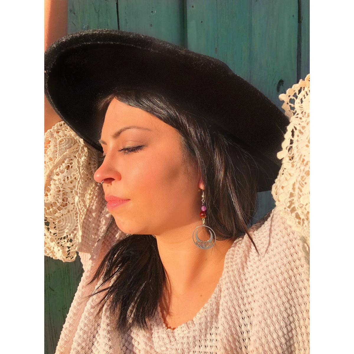 Crescent Moon Lotus Earrings with Garnet & Amethyst – Celestial-Inspired Jewelry by Kinley Jewelry