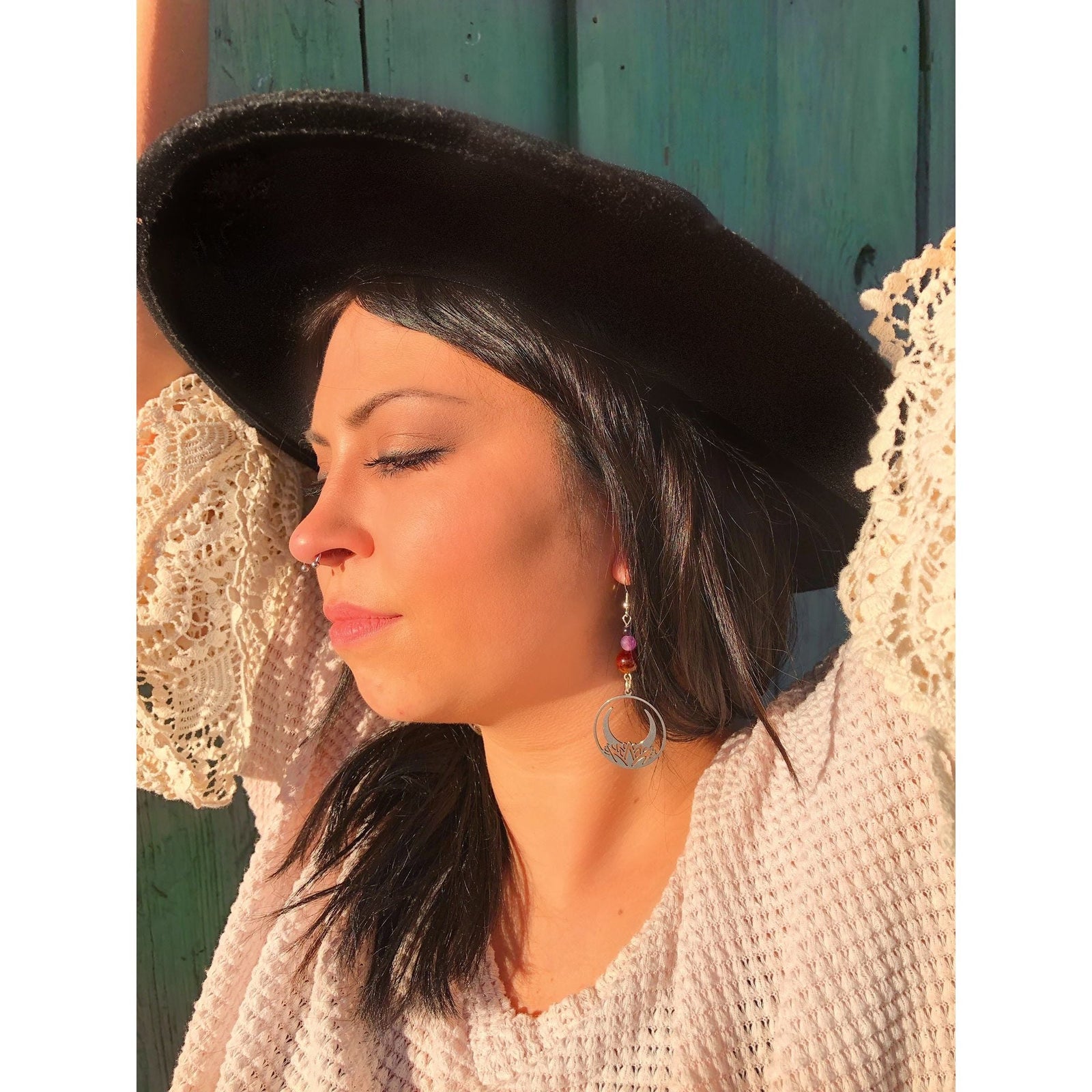 Crescent Moon Lotus Earrings with Garnet & Amethyst – Celestial-Inspired Jewelry by Kinley Jewelry