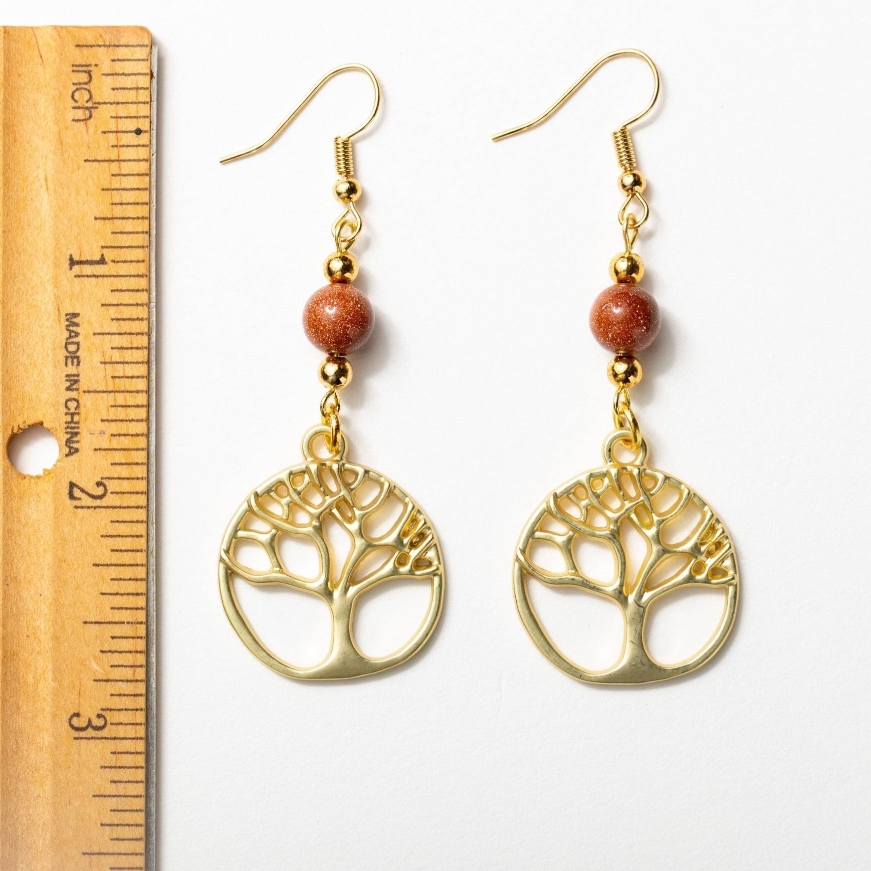 Golden Tree of Life Earrings with Sparkly Goldstone