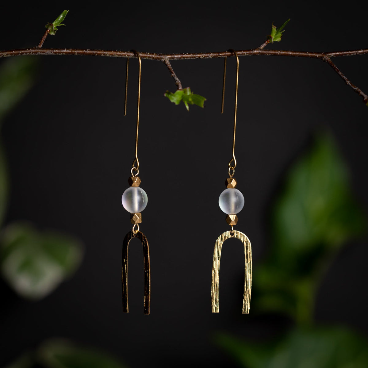 Brushed Gold Arch Earrings with Sunny Spectrolite