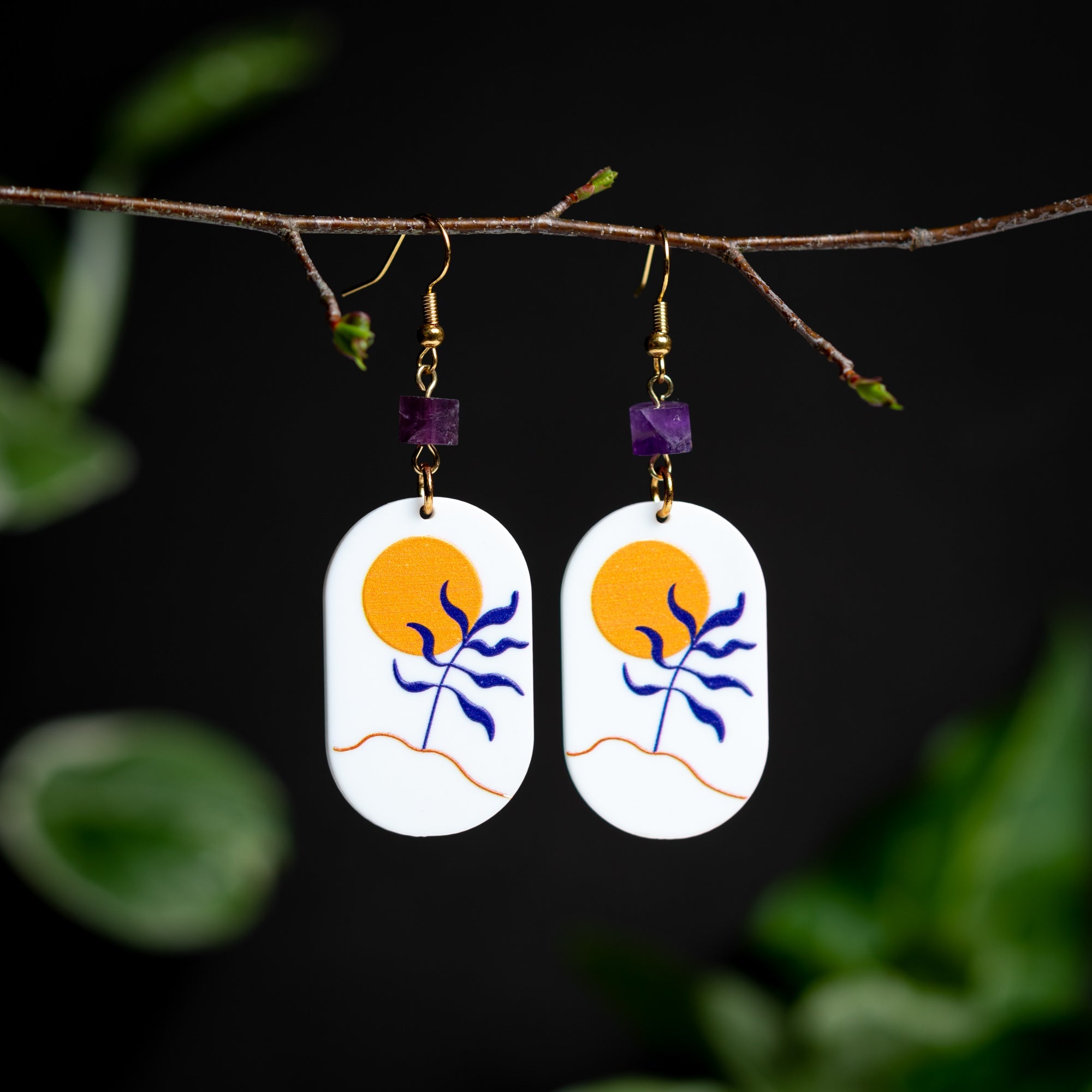 Orange Sun Ovals with Amethyst Earrings – Sun-Inspired Statement Jewelry by Kinley Jewelry