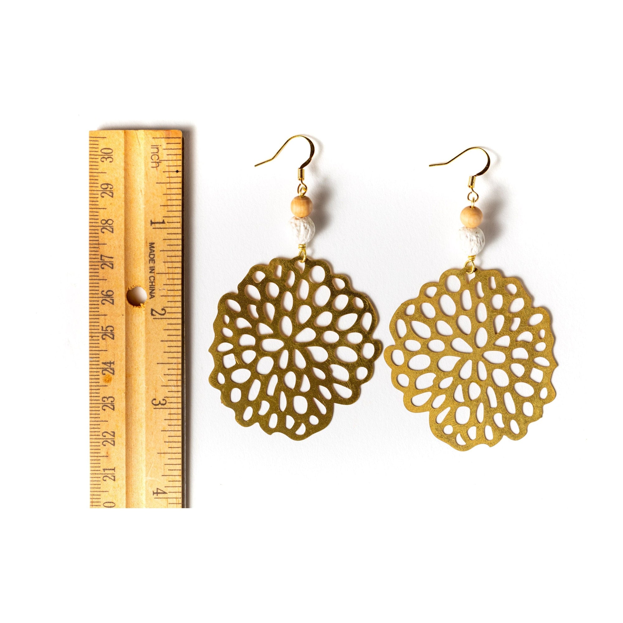 Organic Lotus Pod Earrings with White Lava and Wood Beads