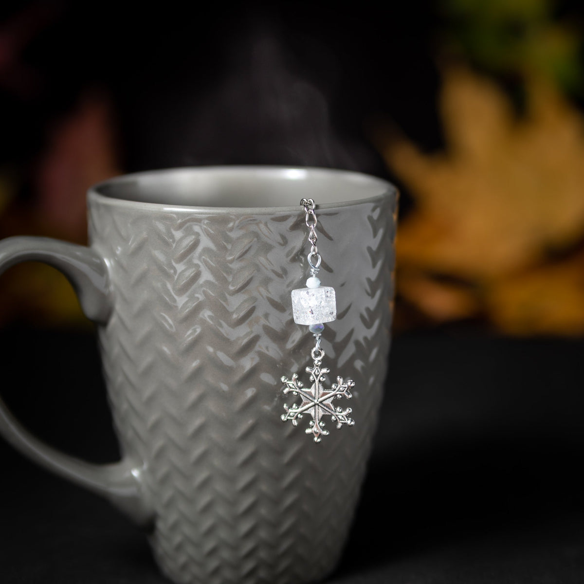 Winter Snow Charmed Tea Infuser – Silver Snowflake Charm with Cracked Glass Bead by Kinley Jewelry