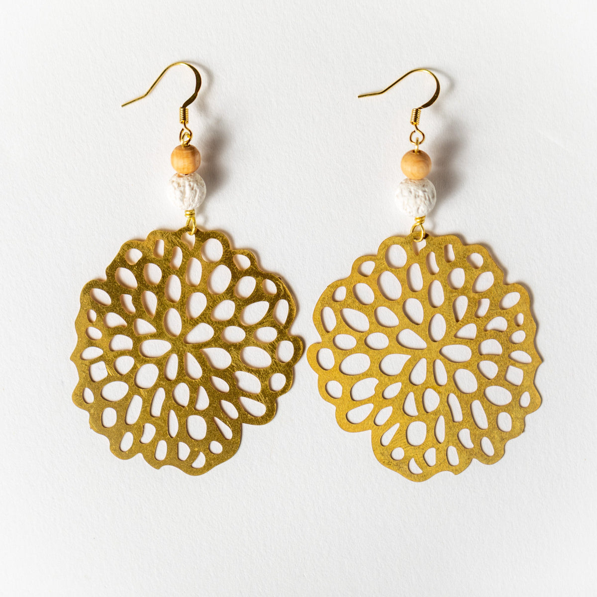 Organic Lotus Pod Earrings with White Lava and Wood Beads