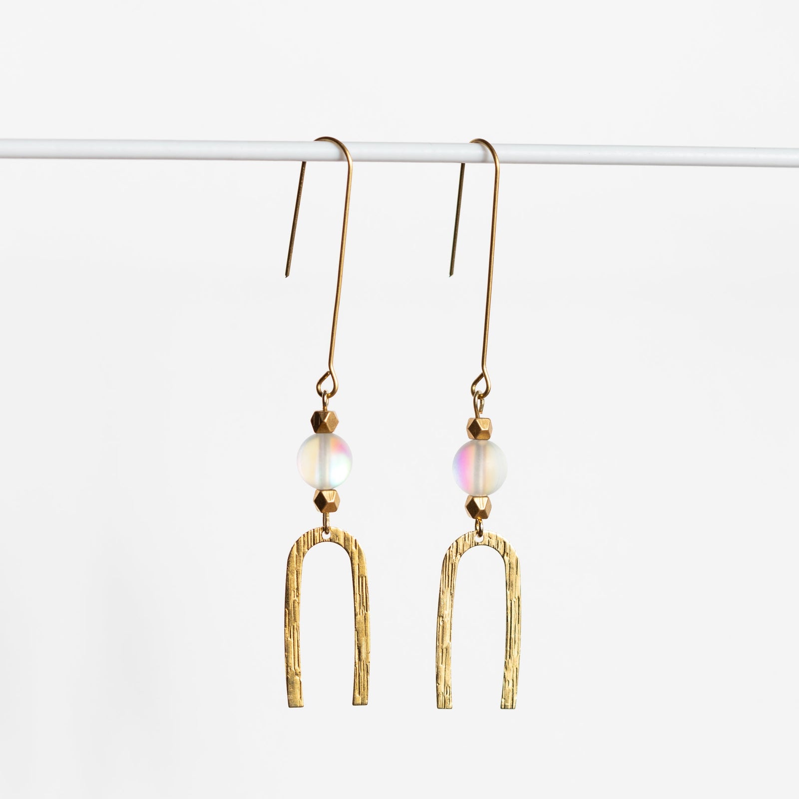 Brushed Gold Arch Earrings with Sunny Spectrolite