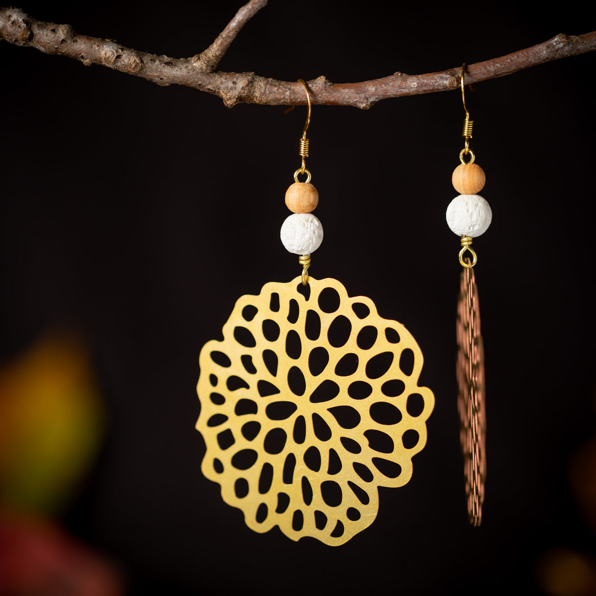 Organic Lotus Pod Earrings with White Lava and Wood Beads
