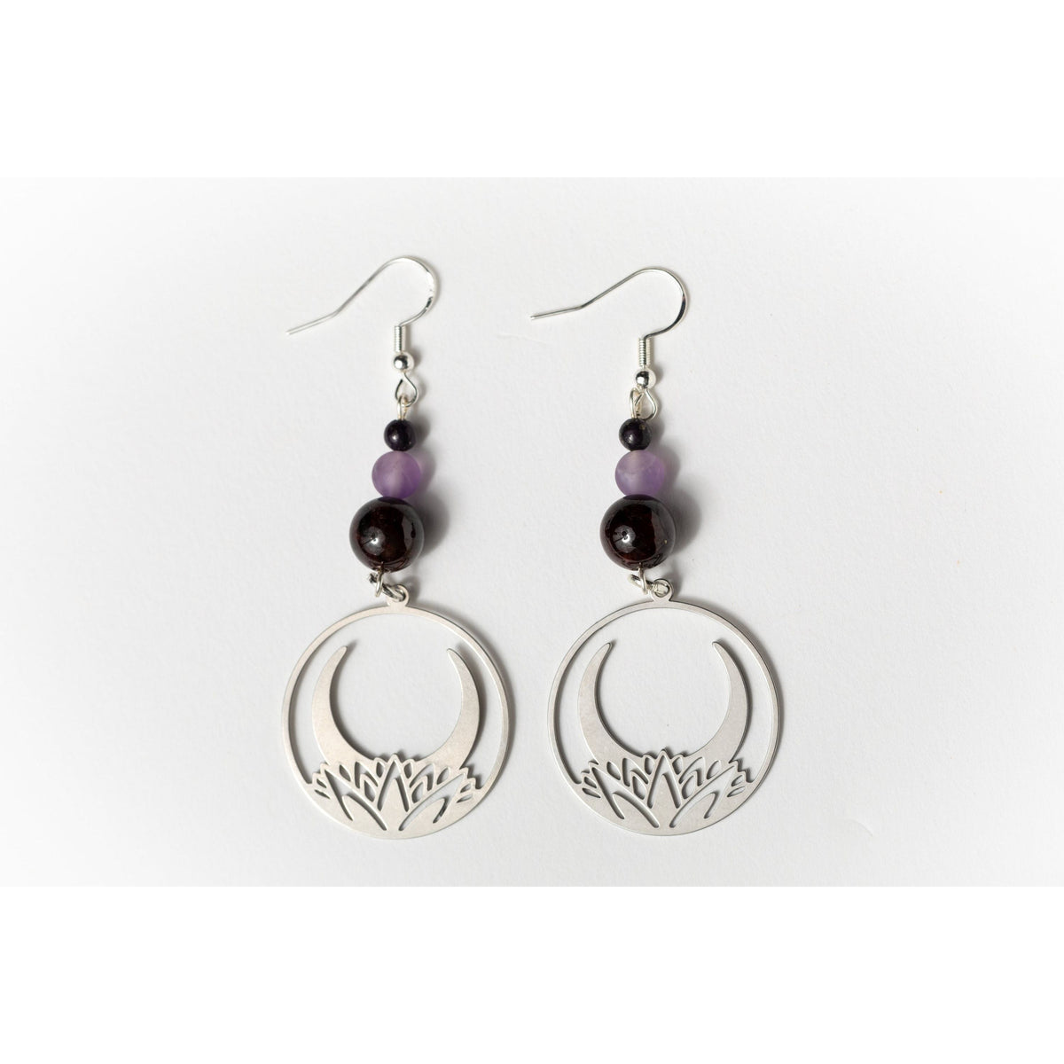 Crescent Moon Lotus Earrings with Garnet & Amethyst – Celestial-Inspired Jewelry by Kinley Jewelry
