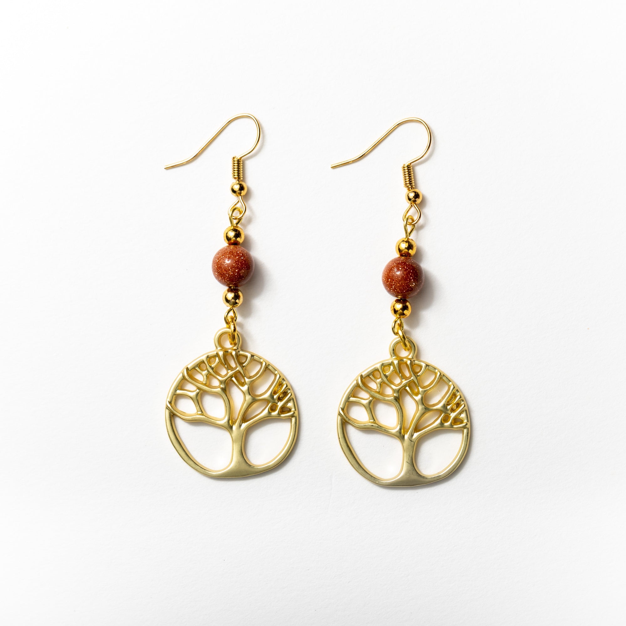 Golden Tree of Life Earrings with Sparkly Goldstone