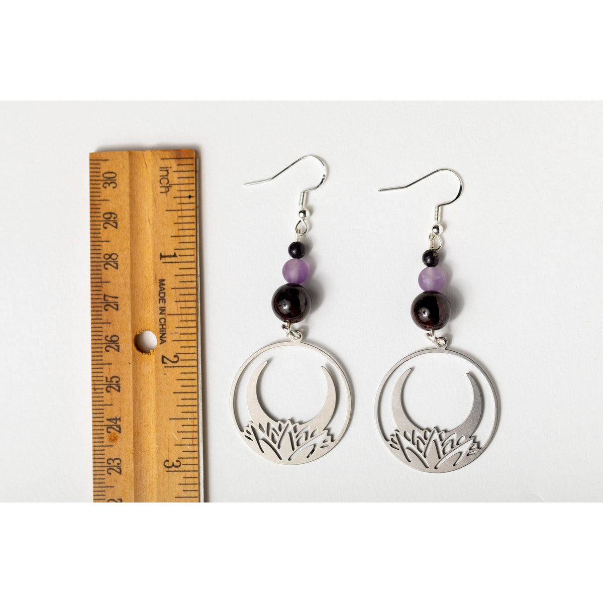 Crescent Moon Lotus Earrings with Garnet & Amethyst – Celestial-Inspired Jewelry by Kinley Jewelry