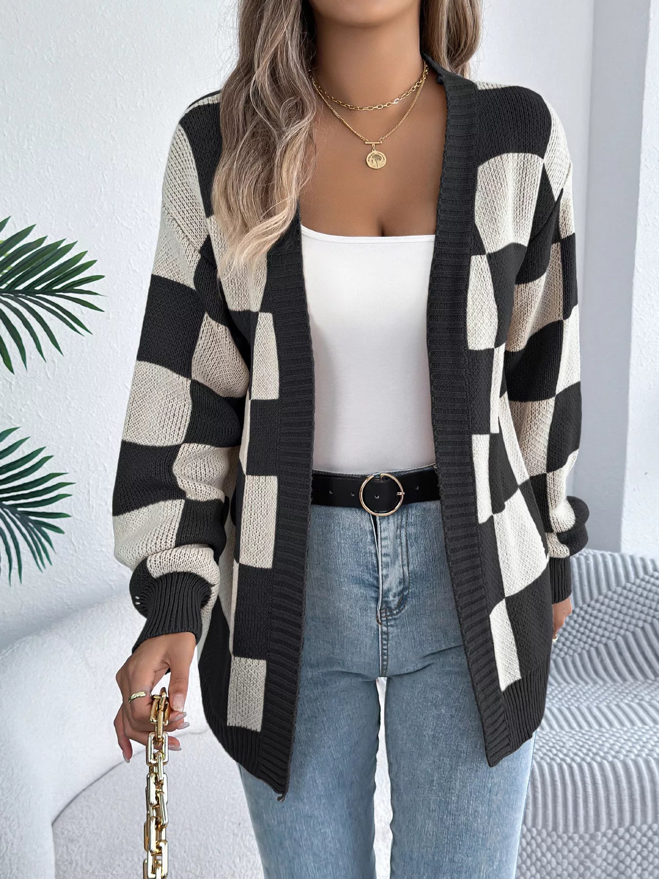 Checkered Pattern Open Front Cardigan