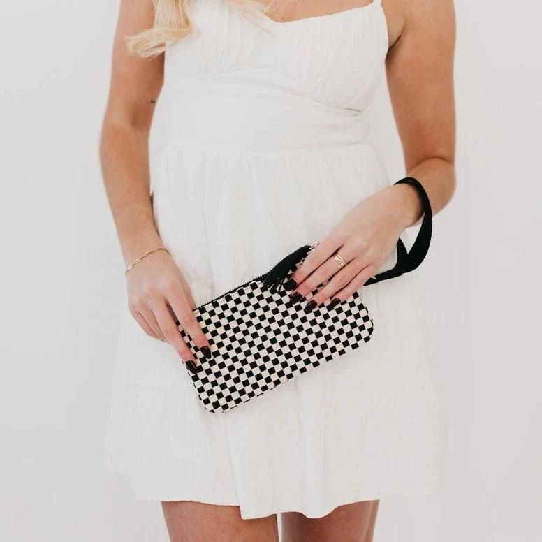 Emma Woven Clutch Wristlet-- Checkered Black