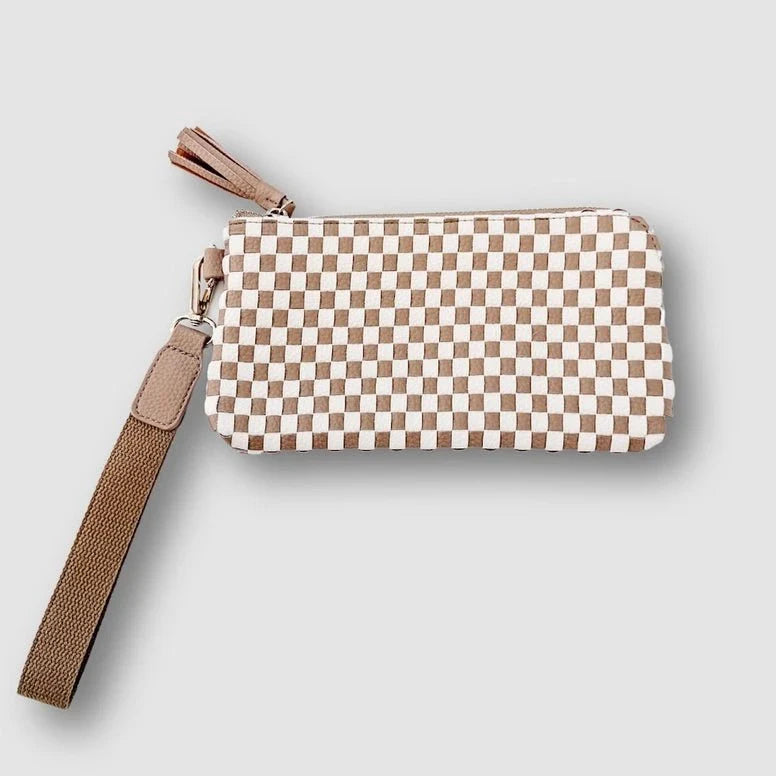 Emma Woven Clutch Wristlet-- Checkered Tan