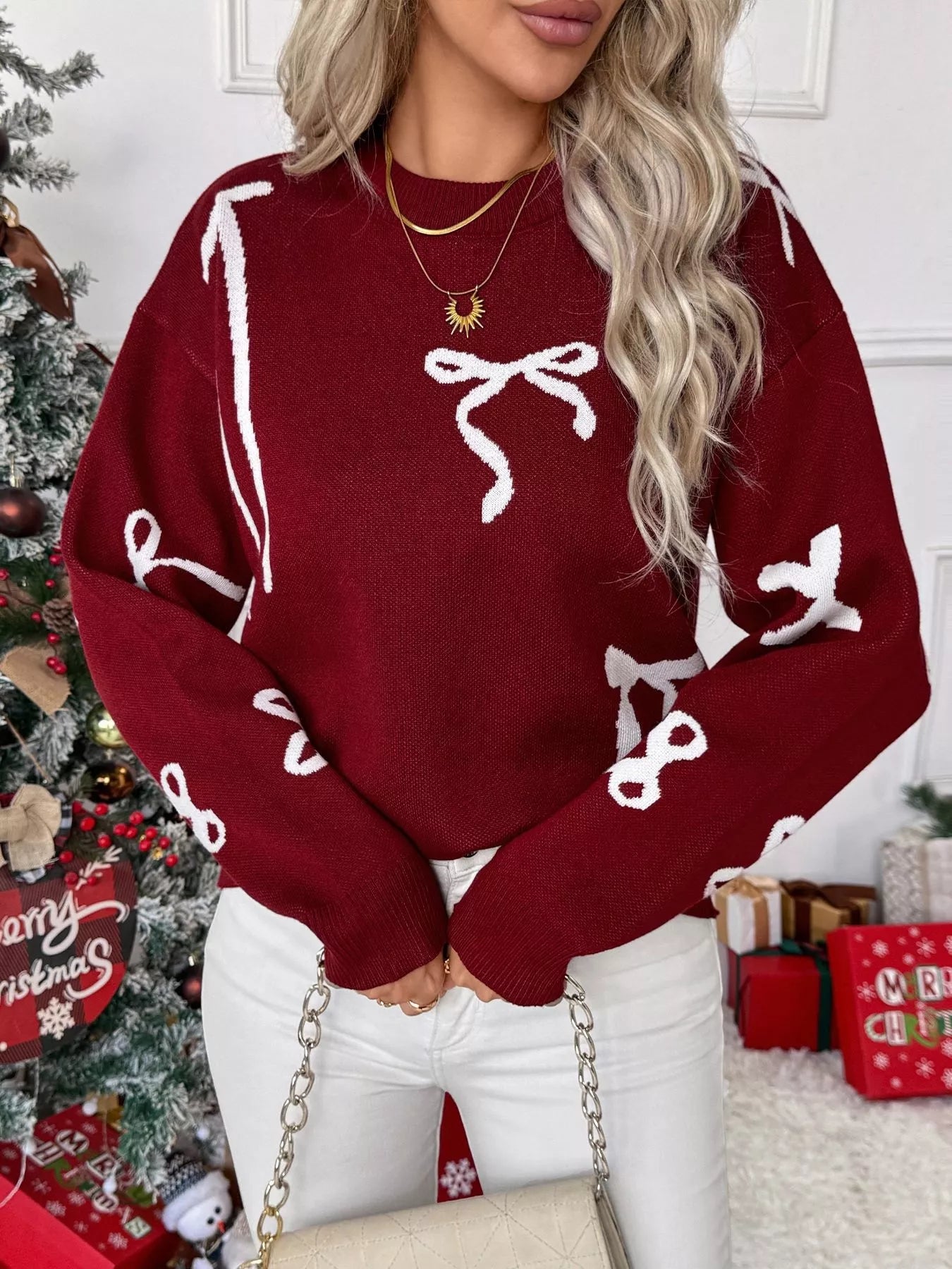 Bow Round Neck Long Sleeve Sweater