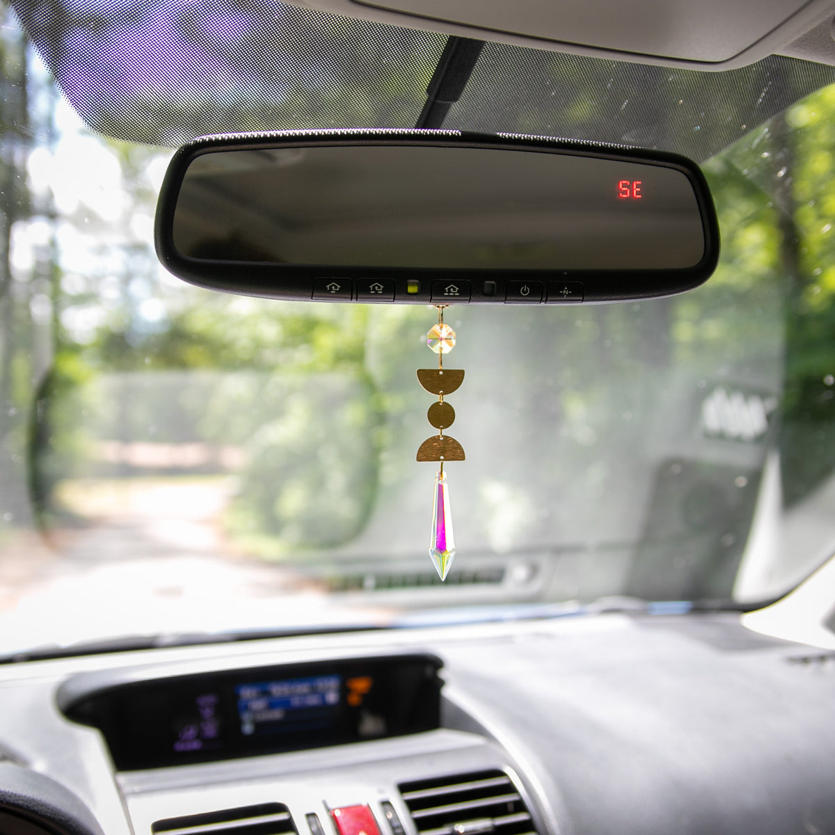 Moon Phases Rearview Mirror Prism Car Necklace – Car Accessory with Aurora Borealis Crystal by Kinley Jewelry