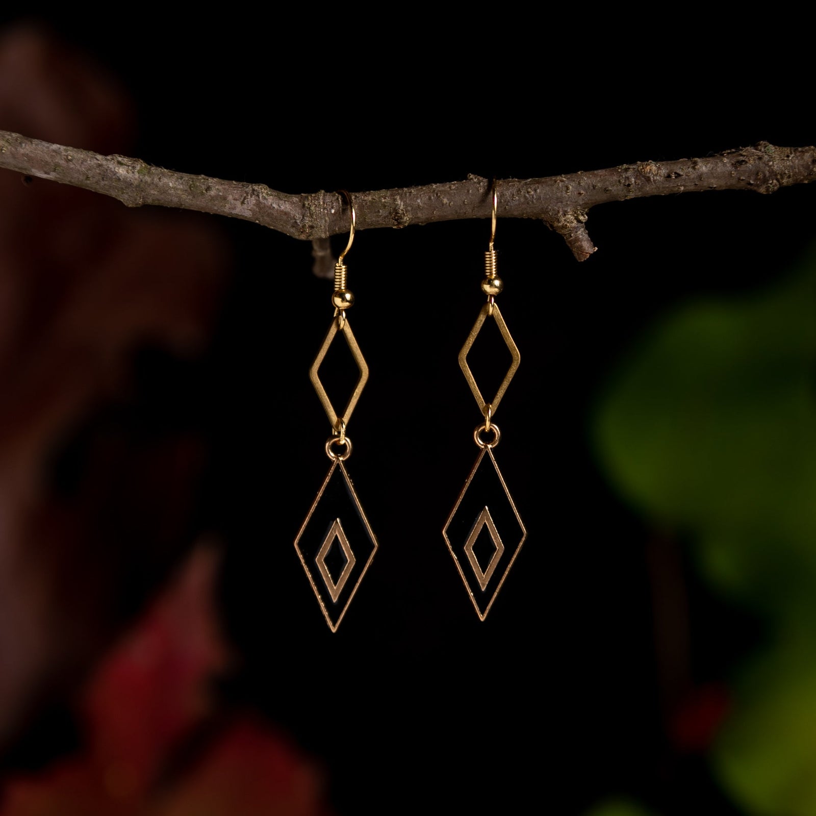 Black and Gold Double Diamond Earrings