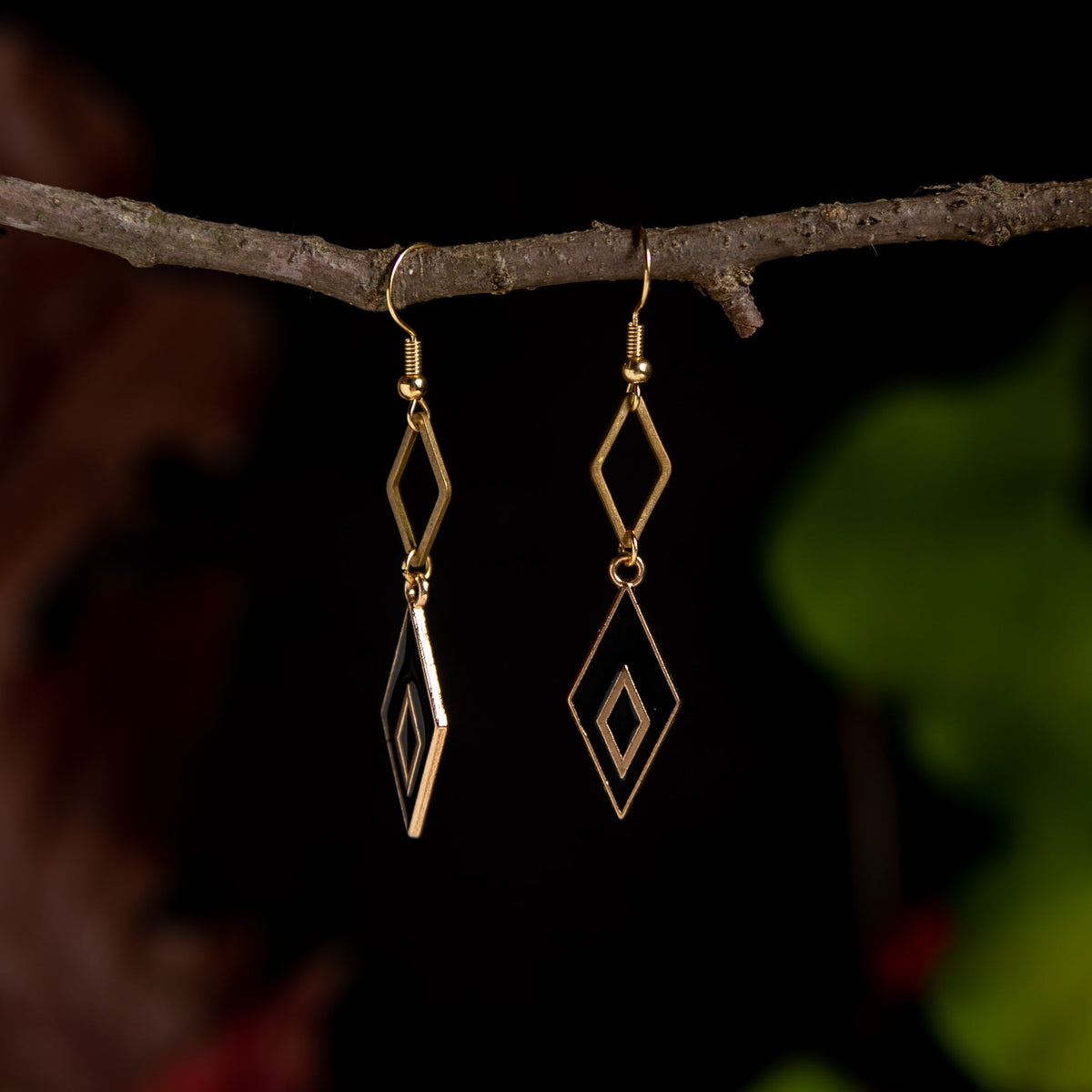 Black and Gold Double Diamond Earrings