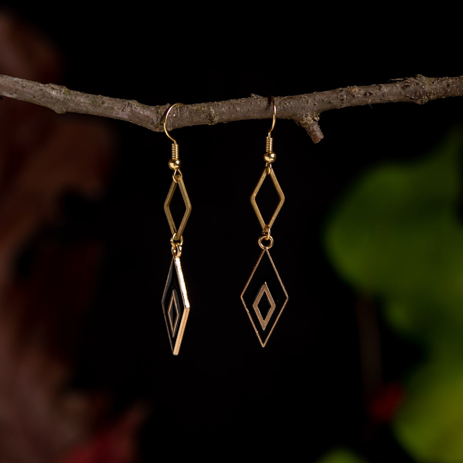 Black and Gold Double Diamond Earrings