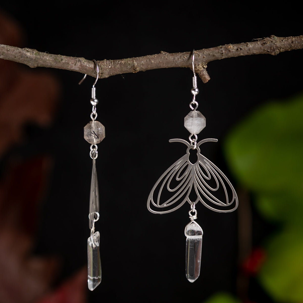Moth and Crystal Long Earrings