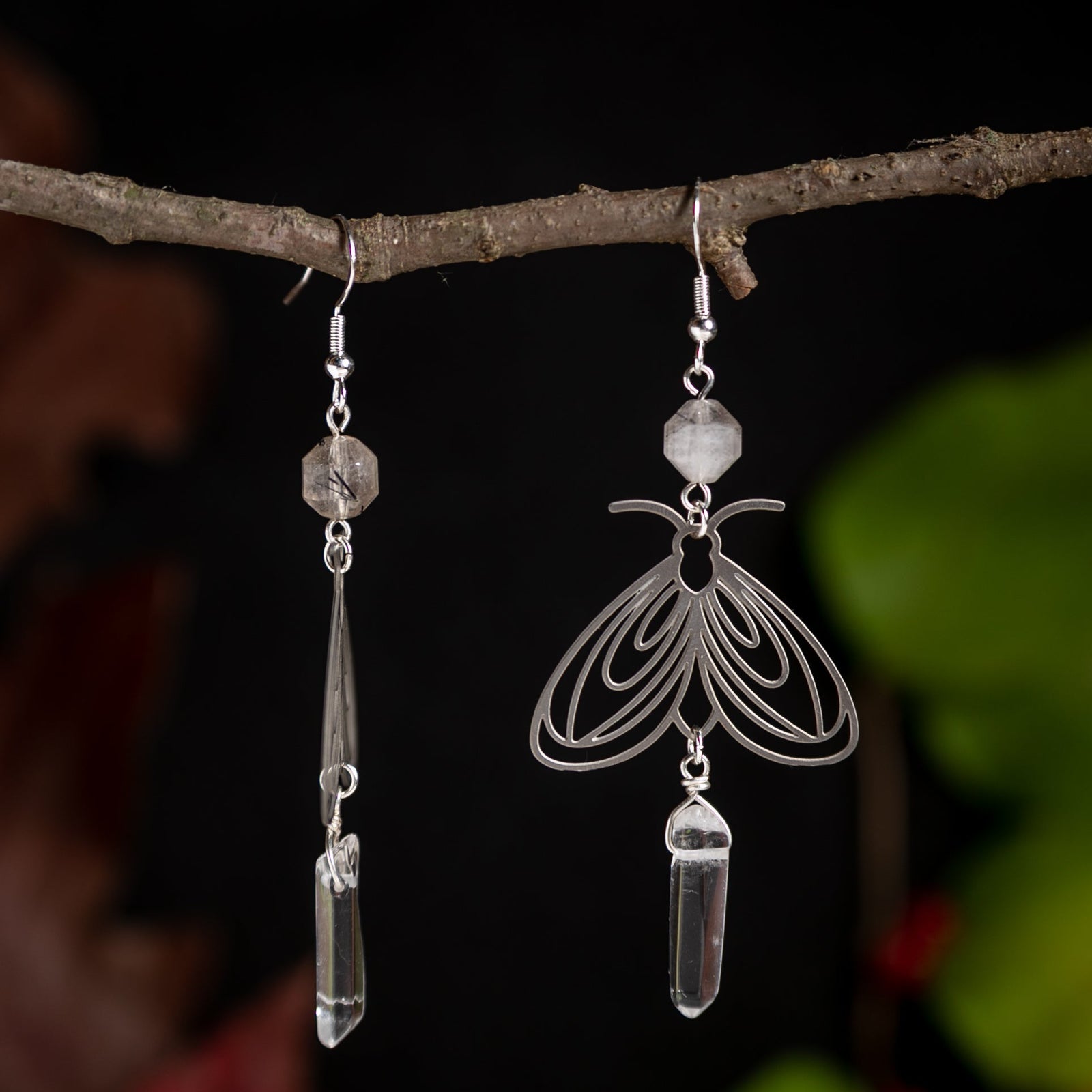Moth and Crystal Long Earrings
