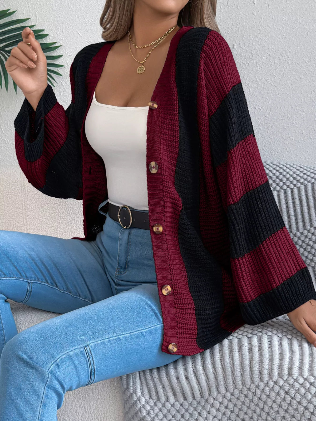 Color Block Button-Up Cardigan