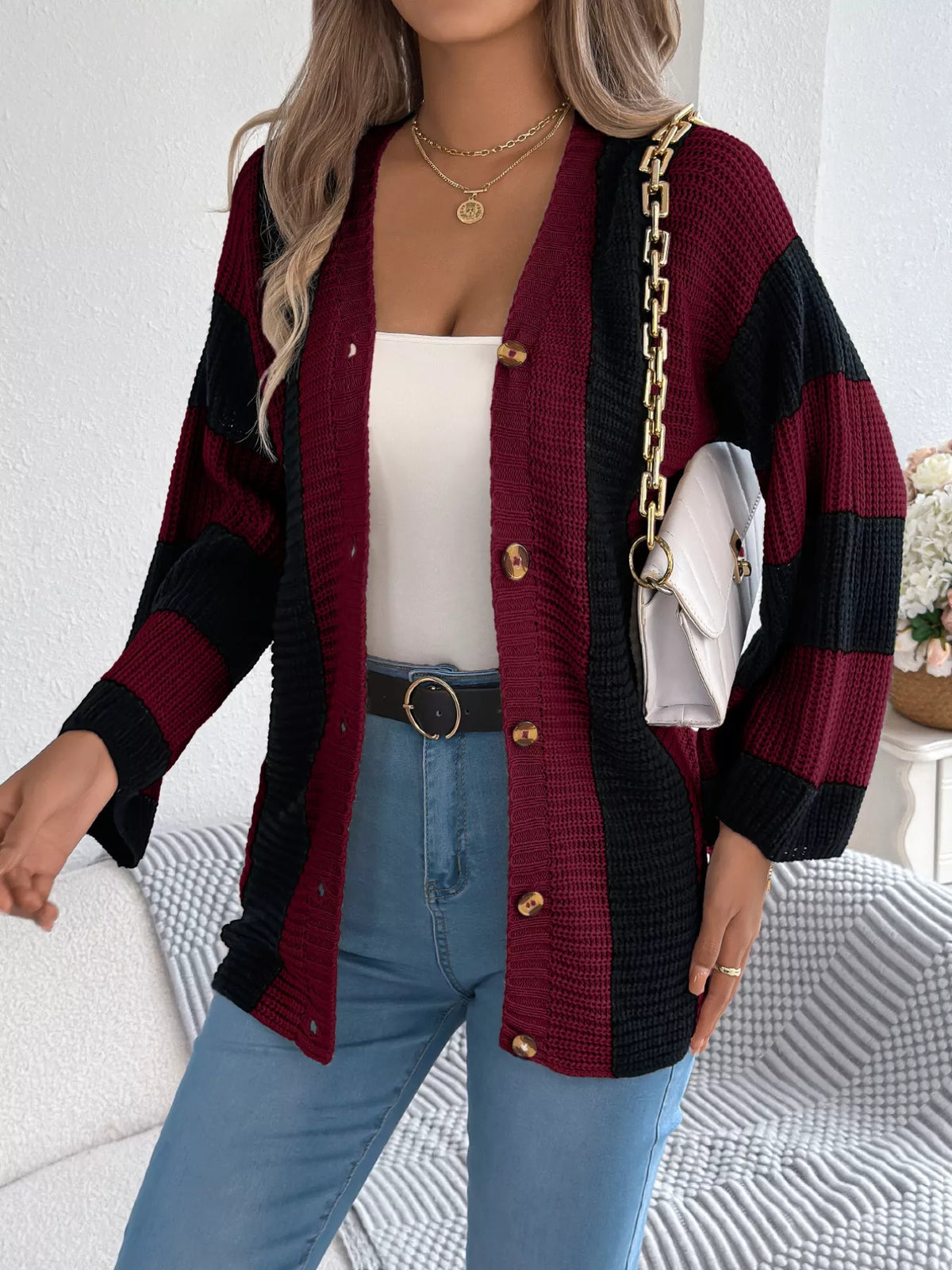 Color Block Button-Up Cardigan