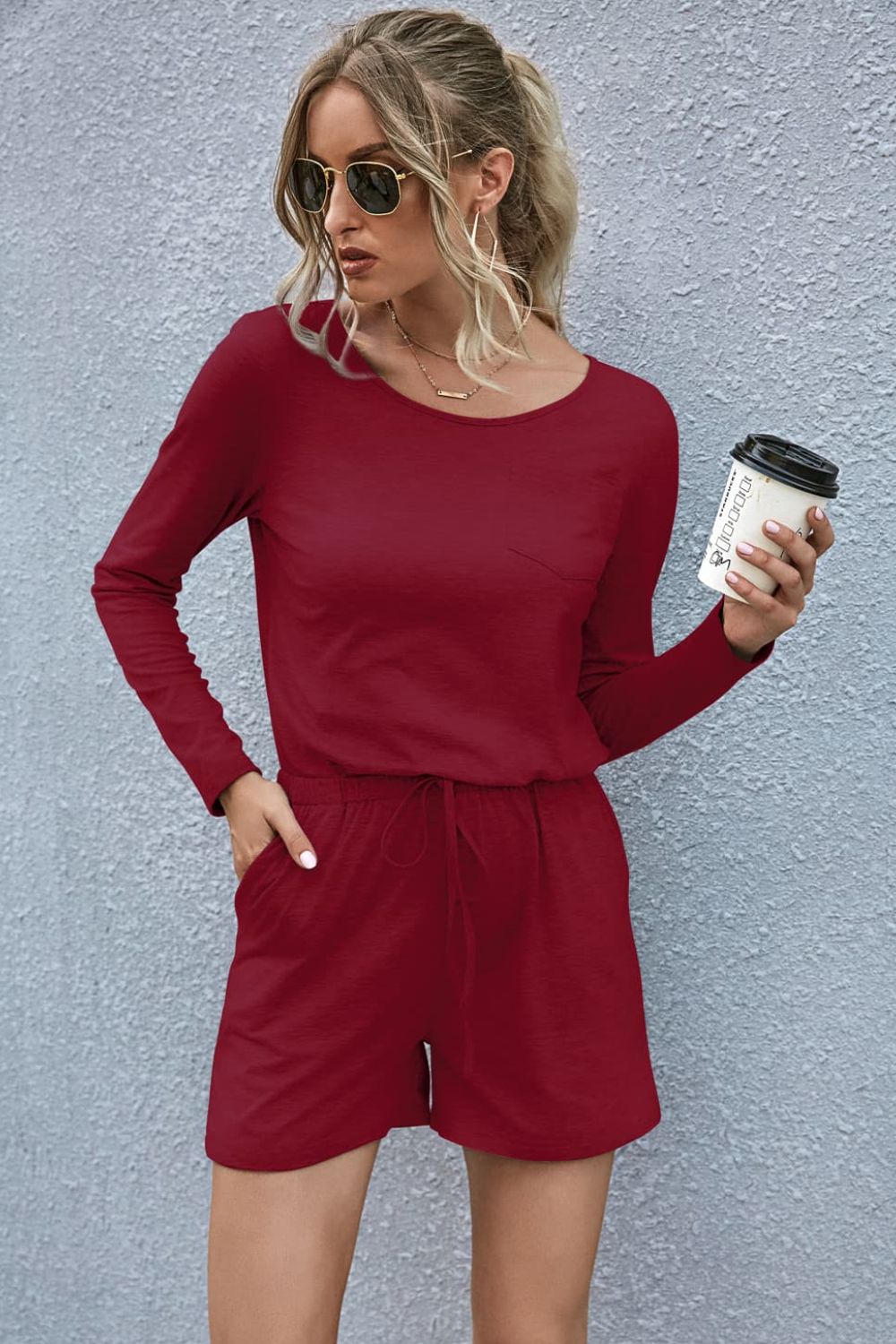 Drawstring Waist Long Sleeve Romper (Maroon)