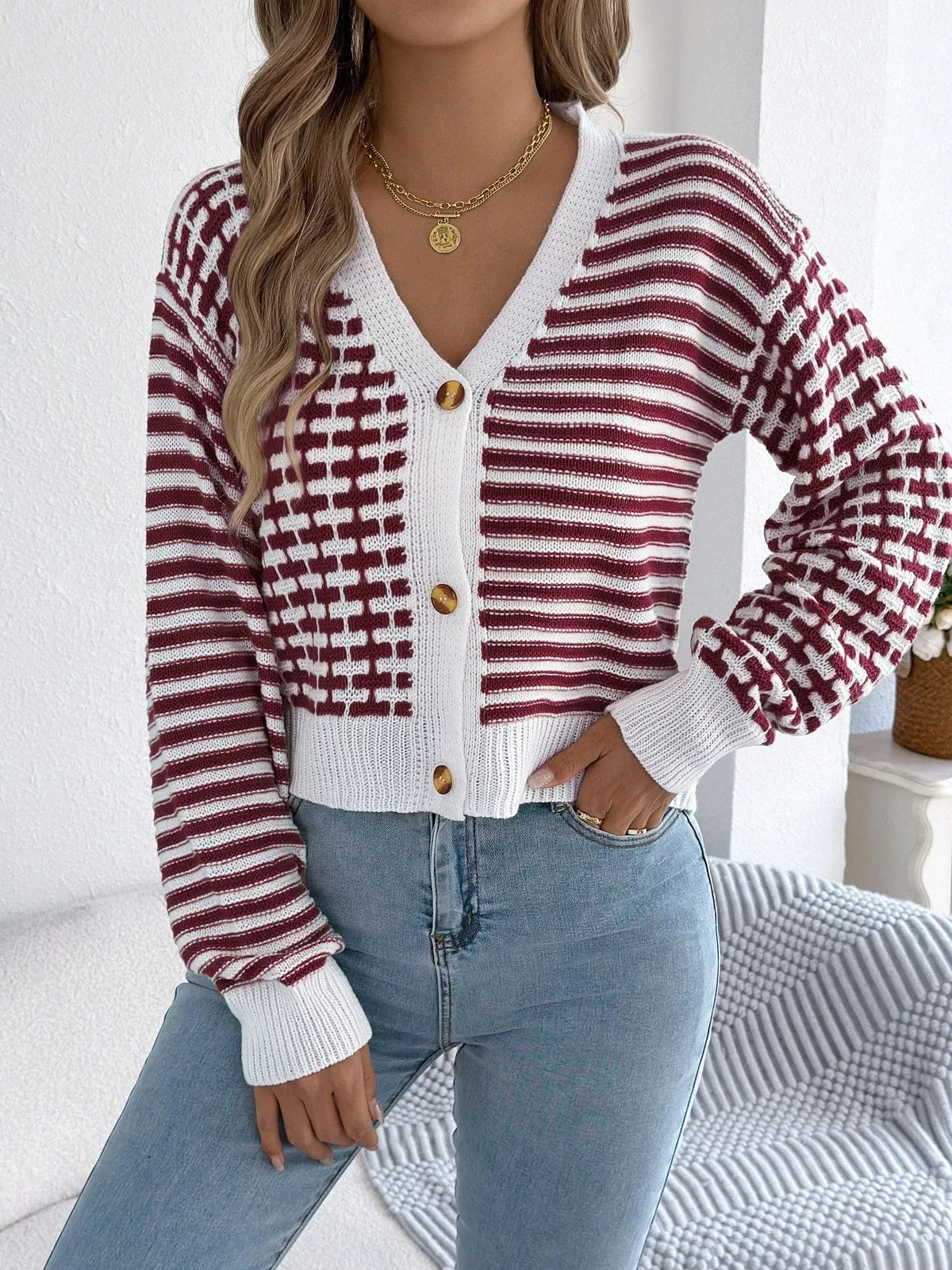 Striped Button-Up Cropped Cardigan