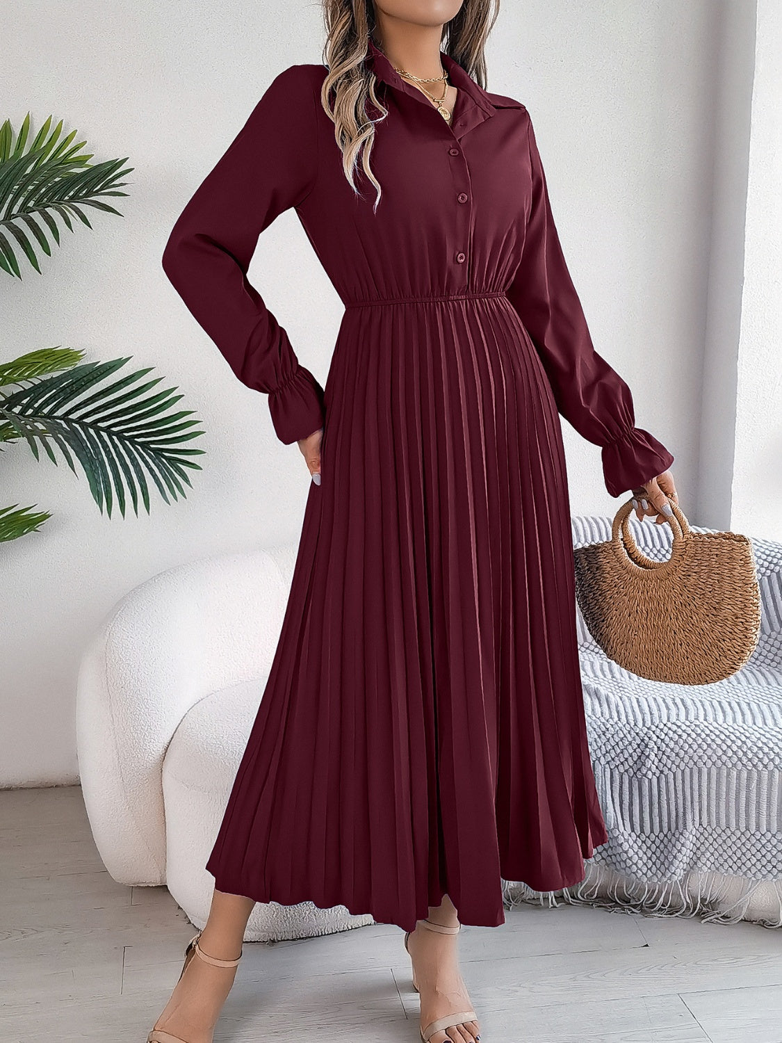 Maroon Pleated Half Button Long Sleeve Midi Dress – Effortlessly Elegant ✨
