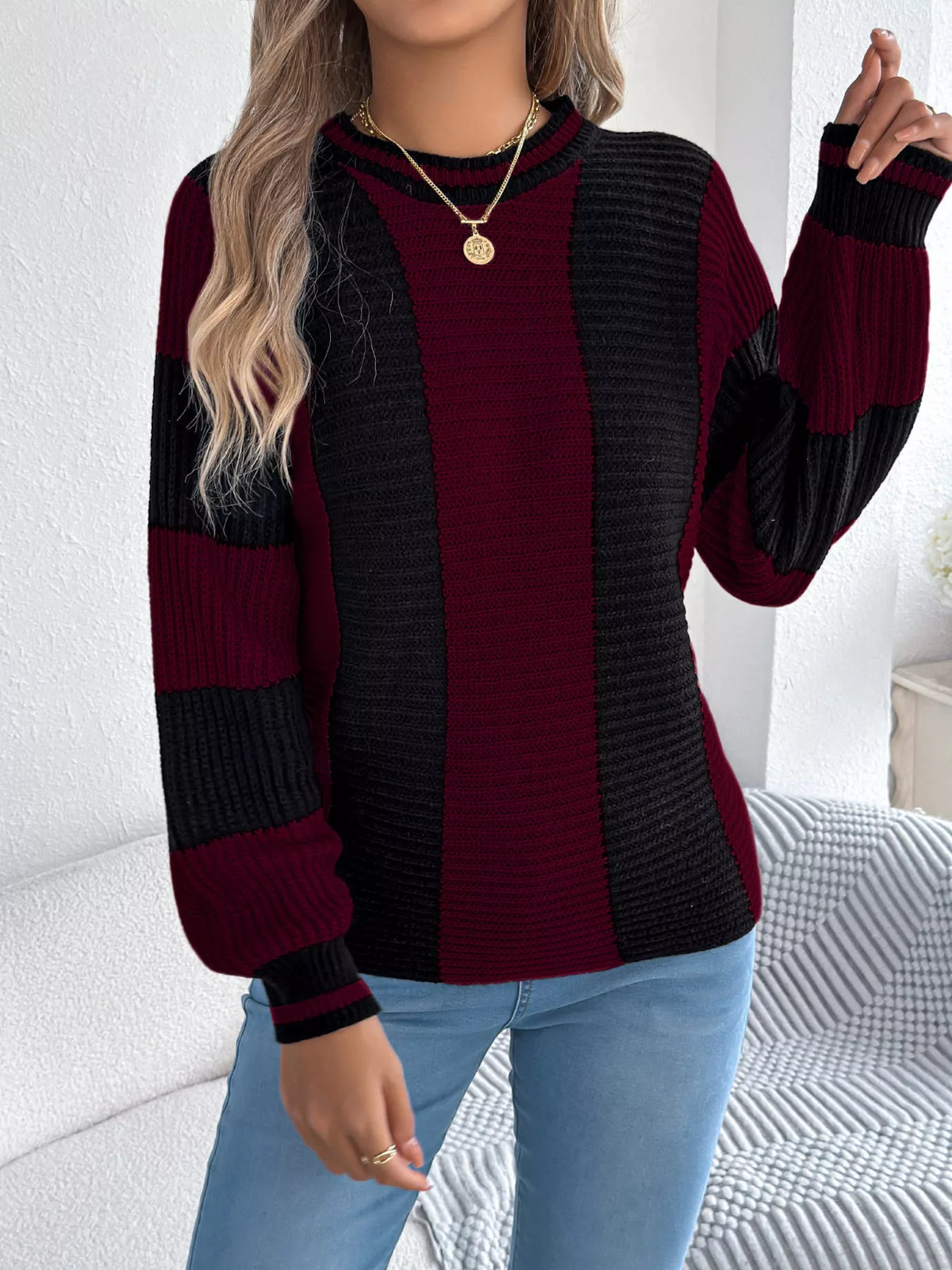 Color Block Round Neck Sweater