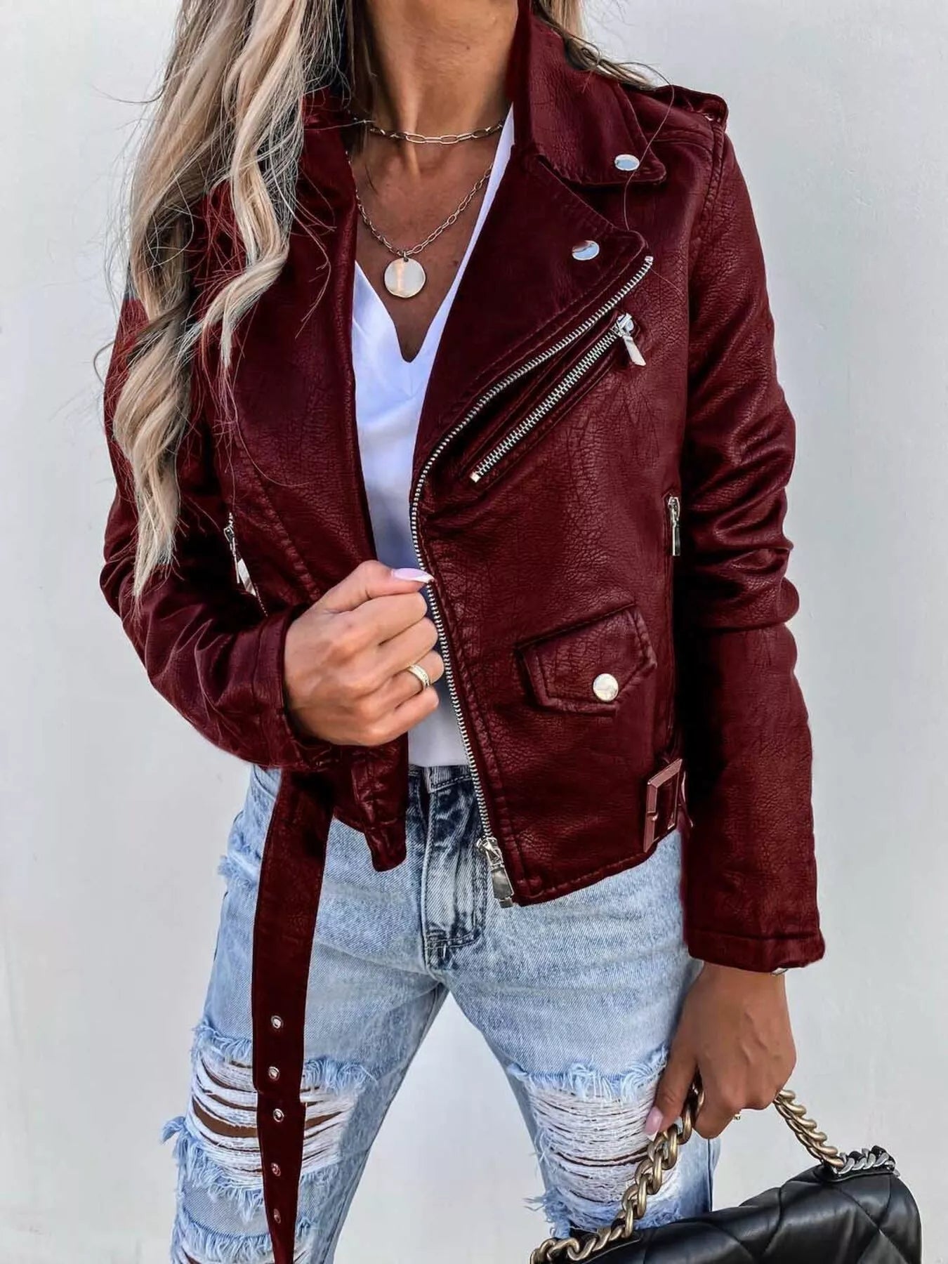 Full Size Zip Up Leather Motorcycle Biker Jacket Plus Size - Maroon or Black