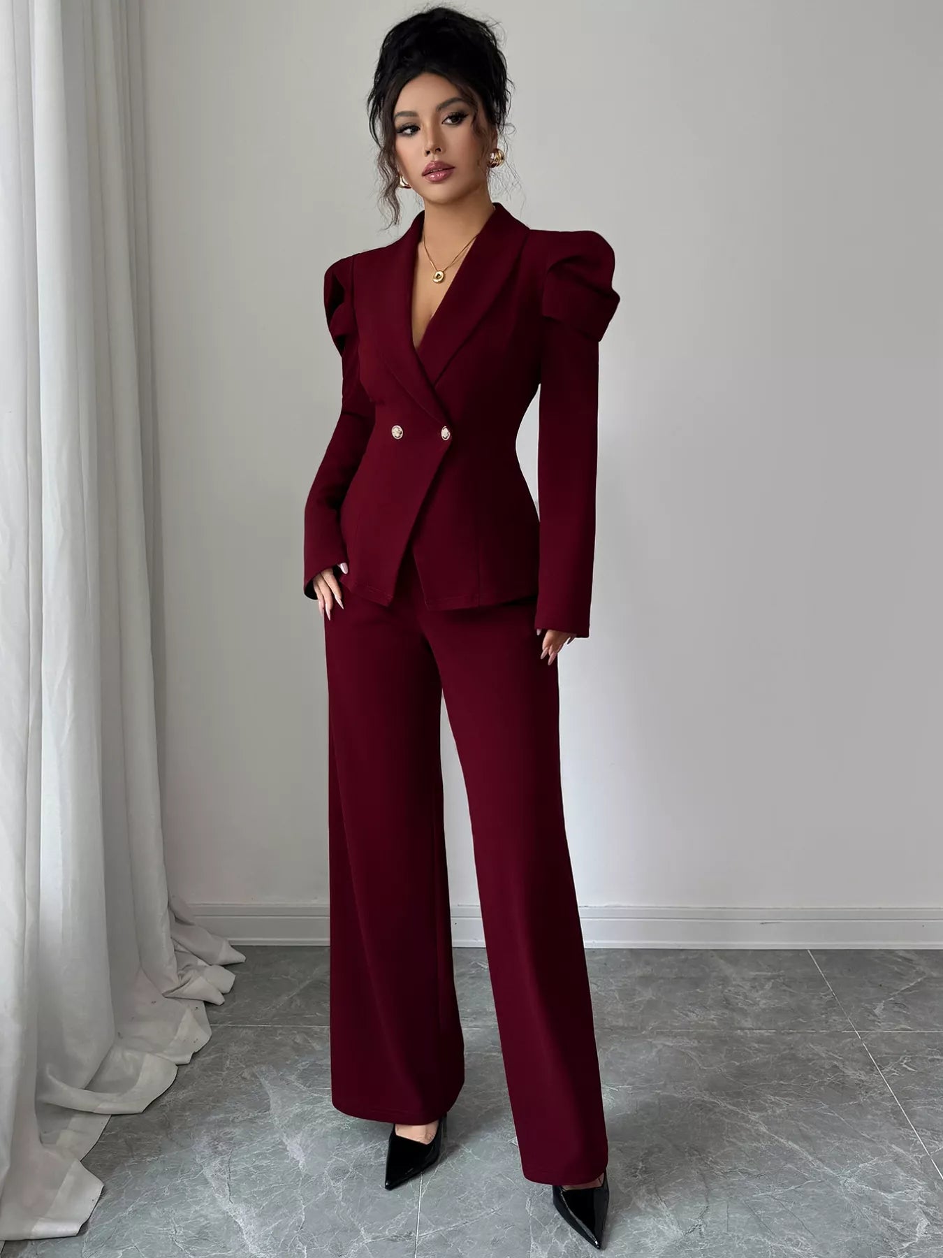 Double-Breasted Blazer and Pants Suit Set