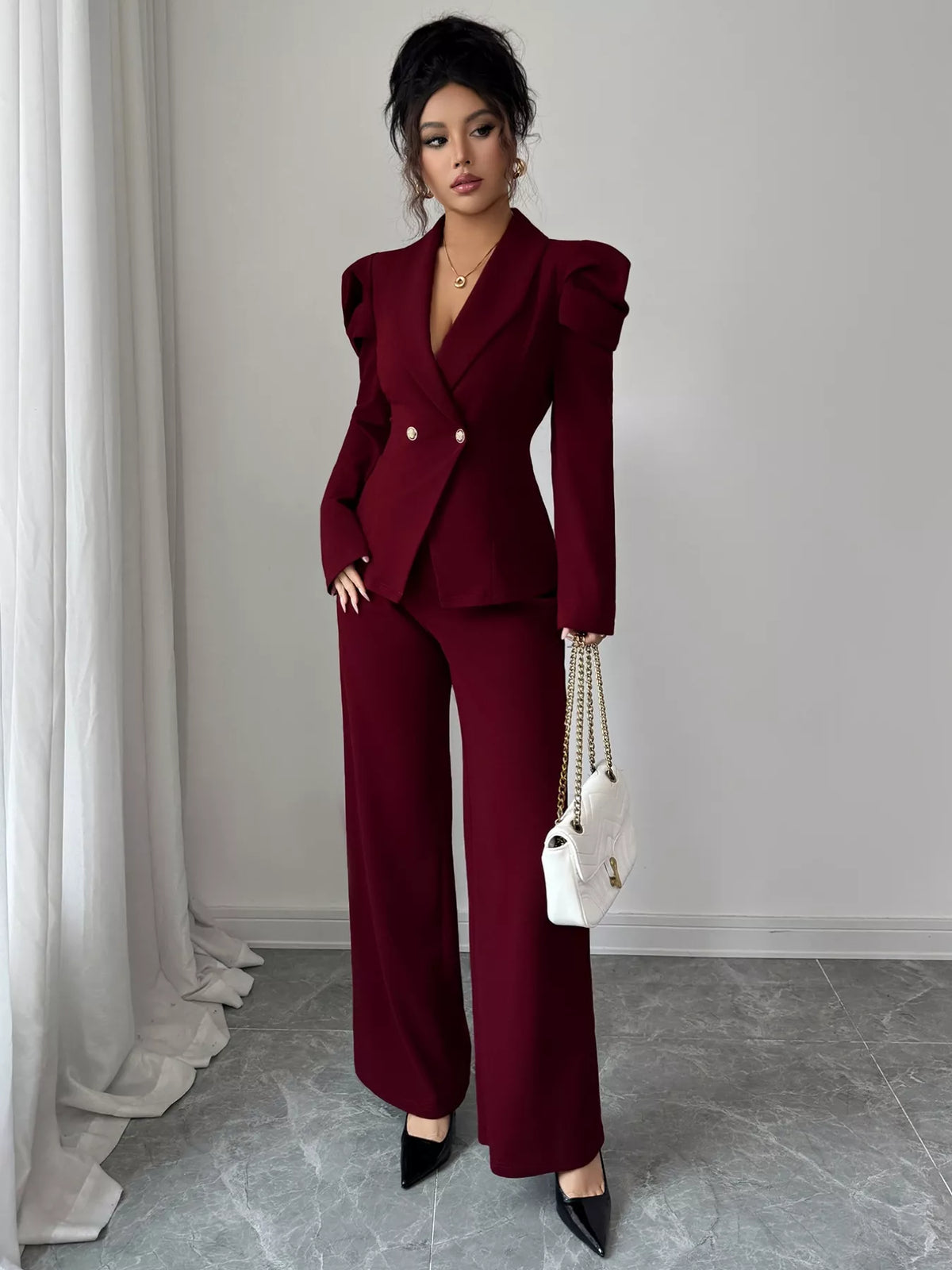 Double-Breasted Blazer and Pants Suit Set