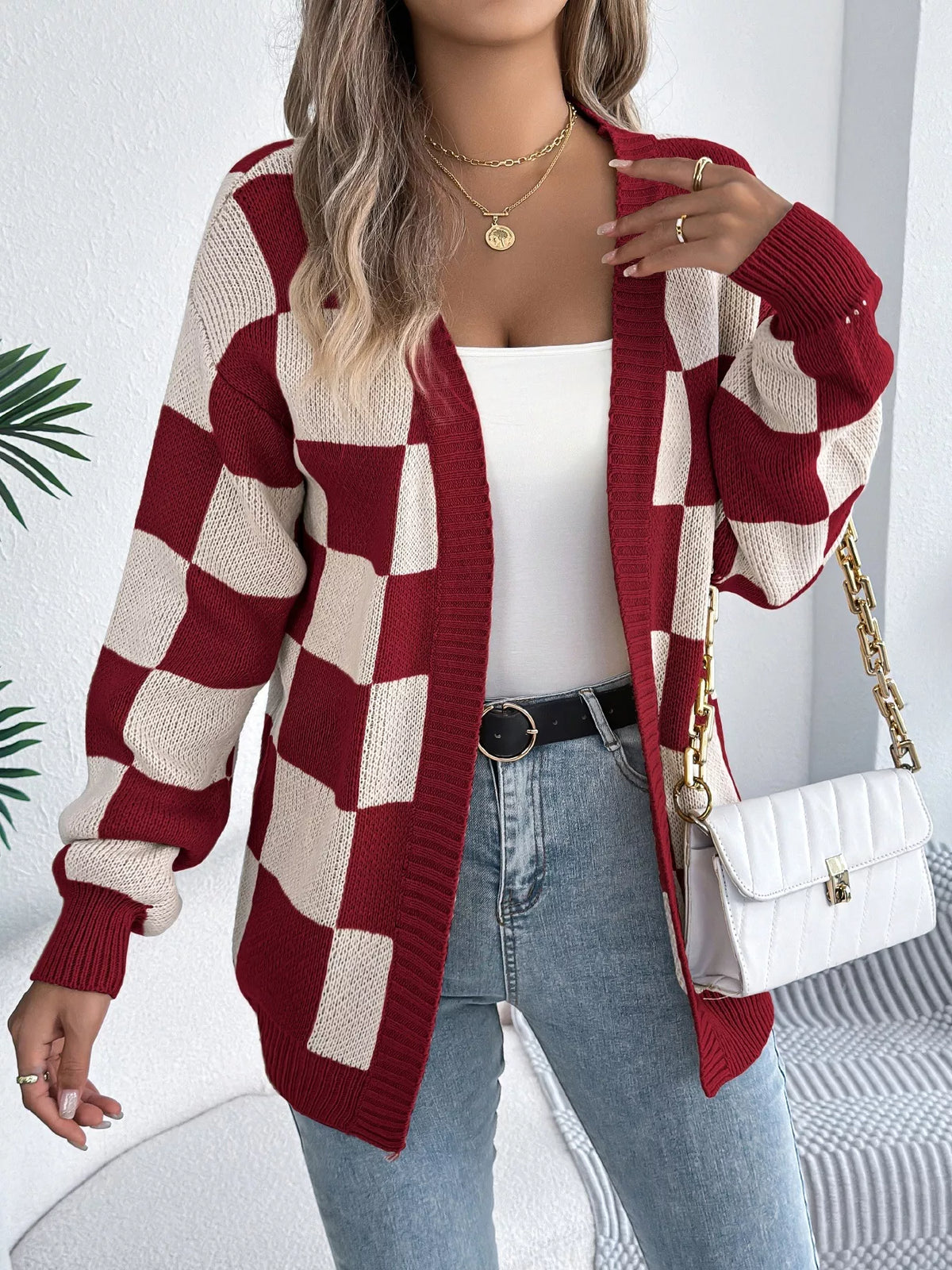 Checkered Pattern Open Front Cardigan