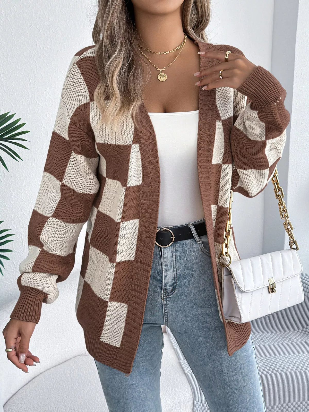 Checkered Pattern Open Front Cardigan