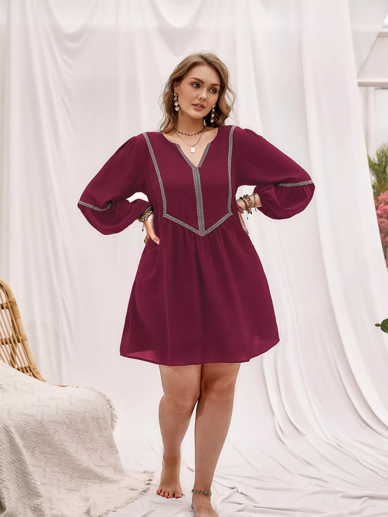 Plus Size Notched Balloon Sleeve Mini Dress