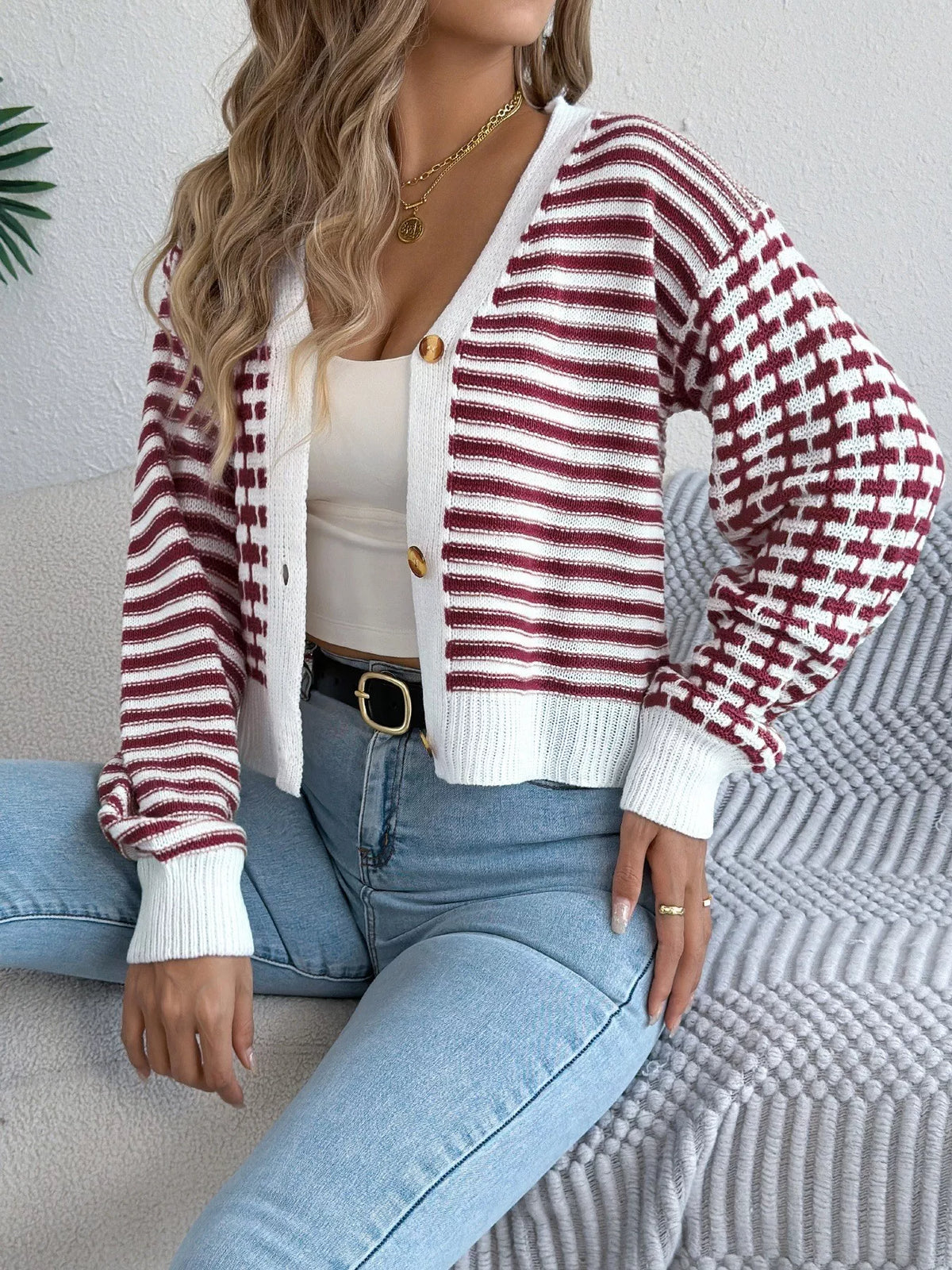 Striped Button-Up Cropped Cardigan