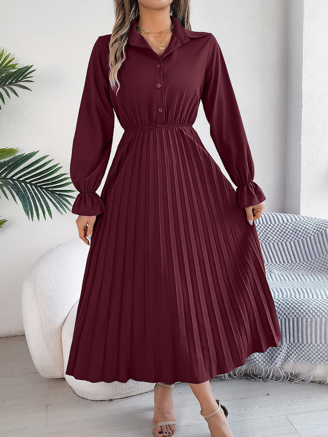 Maroon Pleated Half Button Long Sleeve Midi Dress – Effortlessly Elegant ✨