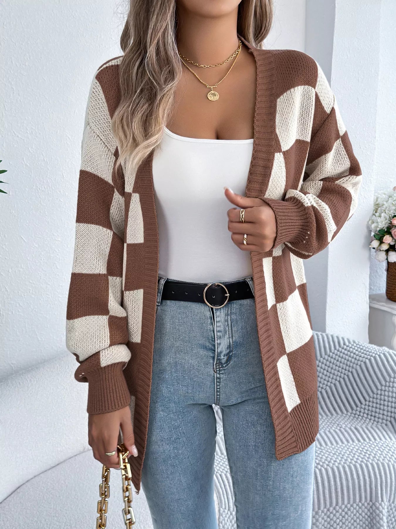 Checkered Pattern Open Front Cardigan